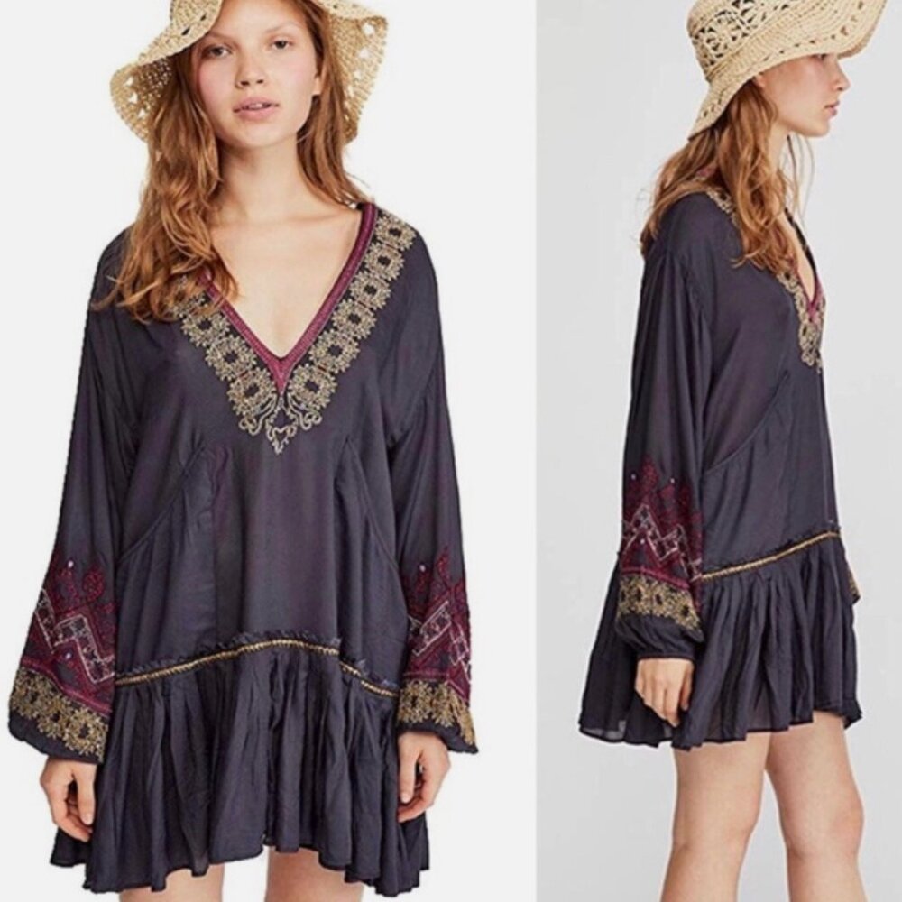 Free People Wild One Peasant Dress Small Drop Waist Embroidered Boho